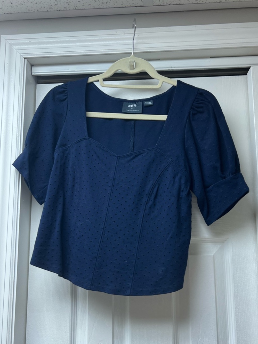 Maeve Navy Square-Neck Puff Sleeve Top with Swiss Dot Texture